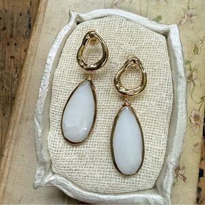 Gold Plated Stud Post Earrings with Gold Plated White Agate Drop Gemstone